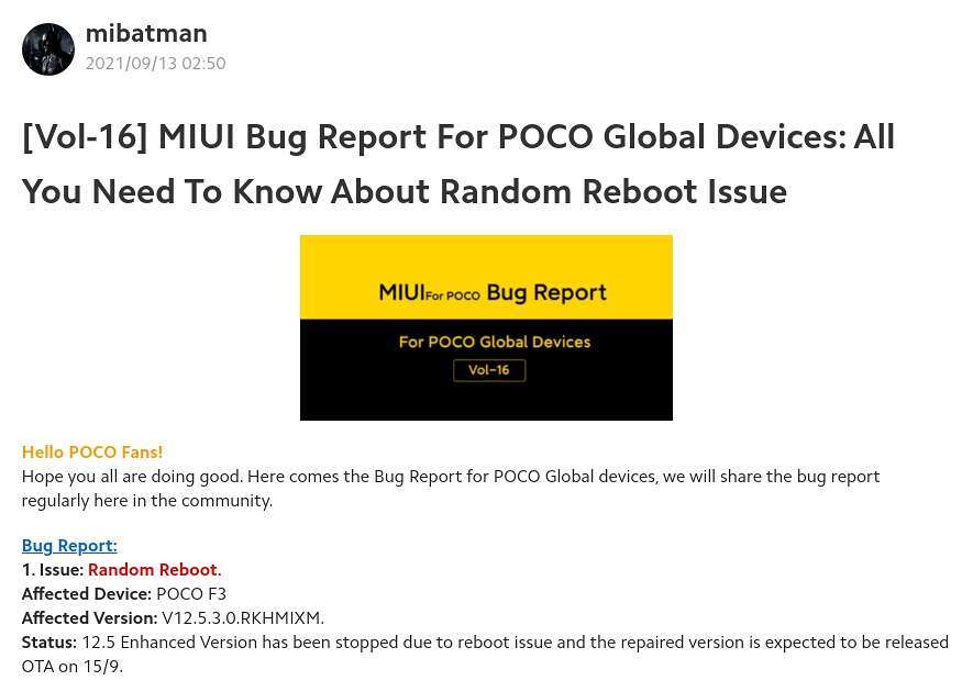 MIUI 12.5 Enhanced Edition POCO F3 random reboot